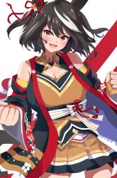 1girl absurdres ahoge animal_ears breasts clenched_hands collarbone commentary_request detached_sleeves ekazawa_sdvx hair_between_eyes hair_ornament highres horse_girl kitasan_black_(umamusume) looking_at_viewer medium_breasts medium_hair open_mouth red_eyes solo transparent_background umamusume