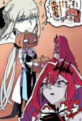 Rule 34 | 3girls, 8lpx6xsh1y0dh3a, baobhan sith (fate), baobhan sith (first ascension) (fate), black dress, blue eyes, braid, dress, fate/grand order, fate (series), fujimaru ritsuka (female), green eyes, hair between eyes, half up braid, highres, long hair, morgan le fay (fate), morgan le fay (second ascension) (fate), mother and daughter, multiple girls, open mouth, orange hair, pink hair, pointy ears, ponytail, pumpkin, short hair, smile, standing, very long hair, white hair