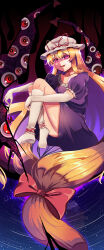 1girl absurdly_long_hair absurdres blonde_hair choker dress elbow_gloves full_body gap_(touhou) gloves hair_between_eyes hair_ribbon hat heaven4014 highres hugging_own_legs legs long_hair looking_at_viewer mob_cap no_shoes open_mouth purple_dress purple_eyes red_eyes ribbon ribbon_choker smile socks solo star_(sky) starry_sky_background thighs touhou very_long_hair white_gloves white_socks yakumo_yukari