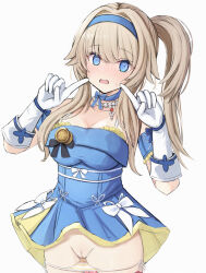 1girl @_@ bare_shoulders blue_dress blue_hairband blush breasts censored cleavage commentary dress embarrassed girls&#039;_frontline girls&#039;_frontline_2:_exilium gloves hair_between_eyes hairband hands_up highres jewelry long_hair looking_at_viewer medium_breasts microdress necklace open_mouth panties panty_pull pointing pointing_at_self pussy short_twintails side_ponytail solo standing striped_clothes striped_panties surprised tabii twintails underwear upskirt vepley_(girls&#039;_frontline_2) vepley_(summer_echoes)_(girls&#039;_frontline_2) white_gloves