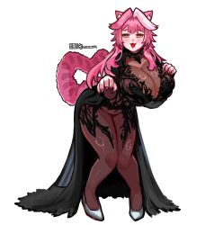 1girl :3 absurdres animal_ears black_dress blaparky blush breasts chronopattern_dress commentary covered_navel dress english_commentary fang fingernails groin hair_intakes highres hololive hololive_english huge_breasts leaning_forward long_hair looking_at_viewer meme_attire multicolored_hair nail_polish open_mouth panther_ears panther_girl panther_tail pink_hair pink_nails raora_panthera shoes simple_background smile solo streaked_hair tail thighs twitter_username virtual_youtuber white_background white_shoes yellow_eyes