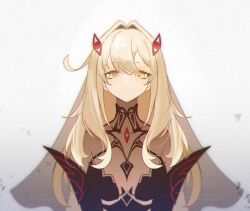 1girl bodystocking breasts closed_mouth coldeye cowlick detached_sleeves expressionless eye_hair_ornament eye_symbol genshin_impact gloves hair_between_eyes hair_ornament highres long_hair looking_at_viewer ronova_(genshin_impact) simple_background solo symbol-shaped_pupils upper_body veil very_long_hair white_background yellow_eyes