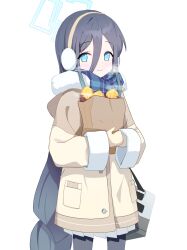1girl :3 absurdres aris_(blue_archive) bag black_hair black_pantyhose blue_archive blue_eyes blue_halo blue_scarf braid braided_ponytail brown_coat brown_mittens cardcat_00 closed_mouth coat cropped_legs earmuffs food fur-trimmed_coat fur-trimmed_sleeves fur_trim hair_between_eyes halo highres holding holding_bag hood hood_down hooded_coat long_hair long_sleeves looking_at_viewer mittens pantyhose paper_bag plaid_clothes plaid_scarf pleated_skirt roasted_sweet_potato scarf simple_background skirt smile solo sweet_potato very_long_hair wavy_mouth white_background white_skirt wide_sleeves