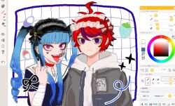 1boy 1girl ahoge amemiya_darumi black_hair black_nails blue_eyes blue_hair closed_mouth collar drawstring ear_piercing earrings eyelashes face_piercing fingernails heart highres hood hooded_sweater hoodie jewelry lip_piercing looking_at_viewer makeup messy_hair middle_finger multicolored_hair nail_polish open_mouth piercing pink_eyes purple_hair red_eyes red_hair runny_makeup safety_pin sumino_takumi sweater teeth the_hundred_line_-last_defense_academy- tongue tongue_out unfinished upper_body upper_teeth_only