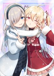 Rule 34 | 2girls, ahoge, asukaru (magika ru), ayano rika, blonde hair, blue coat, blue eyes, blush, coat, commentary, cowboy shot, earmuffs, fur-trimmed coat, fur-trimmed sleeves, fur trim, grey hair, hair over one eye, hair ribbon, hand up, highres, isuzu ren, long hair, long sleeves, looking at viewer, magia record: mahou shoujo madoka magica gaiden, mahou shoujo madoka magica, multiple girls, one eye closed, open mouth, red coat, red eyes, red ribbon, ribbon, scarf, shared clothes, shared scarf, short hair, short twintails, smile, twintails, v, white scarf