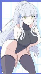1girl absurdres bent_over black_leotard black_thighhighs breasts collarbone covered_navel girls&#039;_frontline girls&#039;_frontline_2:_exilium green_eyes grey_hair highres hk416_(girls&#039;_frontline) klukai_(girls&#039;_frontline_2) large_breasts leotard long_hair looking_at_viewer ponytail solo teardrop_facial_mark thighhighs uchikata_takeaki