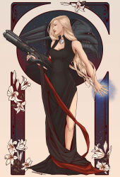 1girl alien assault_rifle blonde_hair bluesky commander_shepard commander_shepard_(female) gun holding holding_weapon lilies lrtrevelyan mass_effect_(series) rifle saren_arterius solo solo_focus turian weapon