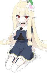 1girl absurdres blonde_hair character_request check_character check_copyright choker commentary copyright_request dress frilled_dress frills garter_straps highres korean_commentary long_hair pointy_ears red_eyes simple_background solo thighhighs user_yths2234
