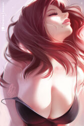 1girl breasts camisole cleavage closed_eyes large_breasts lips long_hair mole mole_under_mouth no_bra olchas original red_hair strap_slip