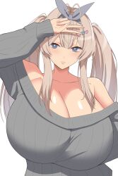 1girl absurdres bare_shoulders blonde_hair breasts bright_pupils cleavage closed_mouth collarbone commission grey_eyes grey_ribbon grey_sweater hair_ornament hair_ribbon heart heart_hair_ornament highres huge_breasts kloah lips long_hair original pink_nails pixiv_commission ribbon shadow solo sweater twintails upper_body v white_background white_pupils