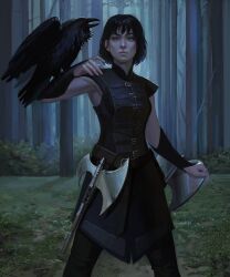 1girl absurdres animal_on_arm axe battle_axe bird bird_on_arm black_hair breasts commentary commission crow english_commentary expressionless forest grass green_eyes highres medium_breasts nature original second-party_source short_hair solo sunriseart3 tree weapon