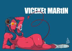 Rule 34 | 1girl, artist name, blue background, blue hair, breasts, cigarette, colored skin, completely nude, demon girl, demon tail, earrings, full body, glasses, goat horns, hair censor, highres, holding, holding cigarette, horns, jewelry, long hair, lying, navel, nude, on side, original, pointy ears, red skin, ring, signature, simple background, smoking, solo, stud earrings, tail, tantora, tattoo