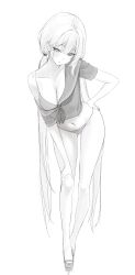 1girl absurdres bikini breasts highres laneigu large_breasts looking_at_viewer monochrome navel swimsuit tagme twintails white_background