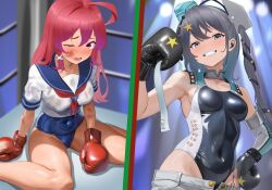 2girls ahoge aqua_hat black_one-piece_swimsuit black_ribbon blue_one-piece_swimsuit blue_sailor_collar boxing_gloves boxing_ring bruise commission competition_swimsuit covered_navel defeat dorachan_r garrison_cap grey_eyes grey_hair grin hair_down hat headgear highleg highleg_one-piece_swimsuit highres i-168_(kancolle) injury kantai_collection long_hair looking_at_viewer multiple_girls neckerchief old_school_swimsuit one-piece_swimsuit one_eye_closed red_eyes red_hair red_neckerchief ribbon sailor_collar sailor_shirt scamp_(kancolle) school_swimsuit shiny_clothes shirt shorts side_ponytail skeb_commission smile split_theme star_(symbol) swimsuit two-tone_one-piece_swimsuit white_shirt white_shorts