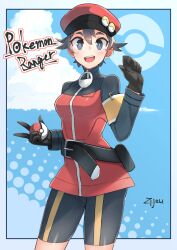 1girl belt black_belt black_gloves black_hair black_shorts blue_eyes blush border breasts bright_pupils character_name cloud commentary_request cowboy_shot eyelashes gloves hand_up hat highres holding holding_poke_ball long_sleeves mole mole_under_eye nintendo open_mouth poke_ball poke_ball_(basic) poke_ball_symbol pokemon pokemon_masters_ex pokemon_ranger_(pokemon) red_hat red_shirt safety_pin shirt short_hair shorts signature solo teeth upper_teeth_only white_border white_pupils zijou