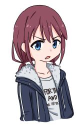 1girl aged_down blue_eyes brown_hair character_request female_focus jua looking_at_viewer nose open_mouth original shadow shirt simple_background solo t-shirt white_background