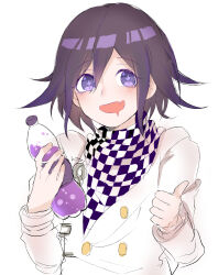 Rule 34 | + +, 1boy, ame srr, black hair, blush, bottle, buttons, checkered clothes, checkered scarf, commentary request, danganronpa (series), danganronpa v3: killing harmony, drooling, fang, flipped hair, hair between eyes, highres, holding, holding bottle, long sleeves, looking at viewer, male focus, medium hair, mouth drool, oma kokichi, open mouth, partial commentary, purple eyes, purple hair, scarf, skin fang, smile, soda bottle, solo, thumbs up, two-tone scarf, upper body, white background