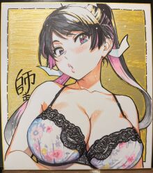 Rule 34 | 1girl, bare arms, bare shoulders, black hair, blush, bra, breast focus, breasts, cleavage, flower print, head tilt, high ponytail, kiritani konome, lace, lace bra, large breasts, long hair, looking at viewer, multicolored eyes, multicolored hair, open mouth, pale skin, photo (medium), pink lips, pisu hame, ponytail, purple eyes, shikishi, shiwasu no okina, sign, signature, solo, tagme, tilted head, traditional media, twintails, two-tone hair, underwear, visible ears, white bra, yellow background