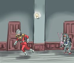 Rule 34 | 1boy, absurdres, blonde hair, char aznable, chasing, clock tower (series), energy sword, epaulettes, gundam, gundam gquuuuuux, hebi (rarata6o), helmet, highres, holding, holding sword, holding weapon, jacket, long sleeves, mask, mecha, military, military uniform, mobile suit, parody, red jacket, robot, running, rx-78-2 gundam, science fiction, sword, v-fin, weapon, yellow eyes, zeon