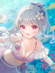 Rule 34 | 1girl, bare shoulders, bikini, blush, bow, breasts, cleavage, collarbone, coral, fish, flower, hair bow, hair flower, hair ornament, long hair, looking at viewer, medium breasts, navel, ocean, open mouth, original, pink bikini, pink eyes, ponytail, red eyes, serino itsuki, smile, solo, stomach, swimsuit, underwater, water, white hair, wrist cuffs