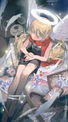 1girl absurdres aisaka_taiga bare_arms barefoot black_dress closed_mouth dress hair_between_eyes highres long_hair looking_ahead omurice_(304975636) orange_eyes own_hands_together red_scarf scarf sidelocks sitting sleeveless sleeveless_dress solo toradora!