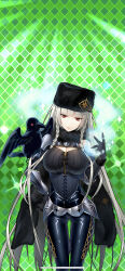 1girl absurdres albino argyle_background armor belt black_bodysuit black_dress black_gloves bodysuit braid breasts cape chain-link_fence checkered_background cleavage cleavage_cutout closed_mouth clothing_cutout corset cowboy_shot cross dress fence fur_trim giuniu gloves glowing green_background hat highres honeycomb_(pattern) honeycomb_background large_breasts long_hair long_sleeves looking_at_viewer morigan_raven pants pantyhose red_eyes shiny_clothes sidelocks single_braid skin_tight smile solo standing thigh_gap turtleneck twin_braids uchi_no_hime-sama_ga_ichiban_kawaii very_long_hair weapon white_hair