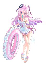 1girl blue_eyes blush braid breasts brown_sandals citlali_(genshin_impact) cleavage collarbone commentary_request facial_mark floating_headgear food full_body genshin_impact gloria_(gloriao3o) headgear highres holding holding_food holding_popsicle innertube long_hair looking_at_viewer medium_breasts one-piece_swimsuit popsicle purple_hair sandals simple_background solo standing swim_ring swimsuit thigh_strap triangle triangle_facial_mark wet white_background white_one-piece_swimsuit