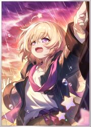 1boy 1girl aged_down aventurine_(honkai:_star_rail) black_jacket black_pants blonde_hair brother_and_sister highres holding_hands honkai:_star_rail honkai_(series) jacket kakavasha&#039;s_sister_(honkai:_star_rail) kakavasha_(honkai:_star_rail) long_sleeves looking_ahead official_art open_mouth pants pink_scarf purple_eyes rain rope rope_belt scarf shimenawa shirt short_hair siblings smile star_(symbol) third-party_source water_drop white_shirt
