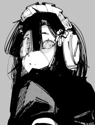 10_4_(10f0ur) 1girl @_@ c-bas closed_mouth eyepatch grey_background juliet_sleeves long_sleeves looking_at_viewer maid maid_headdress monochrome one_eye_covered original puffy_sleeves robot_girl short_hair simple_background solo upper_body