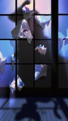 1girl absurdres blue_eyes blunt_bangs bow cure_nyammy curtains earrings fingernails highres jewelry konsuke0 long_hair looking_at_viewer nail_polish nekoyashiki_yuki nekoyashiki_yuki_(cat) night precure see-through_curtains shadow solo solo_focus tongue tongue_out wonderful_precure!