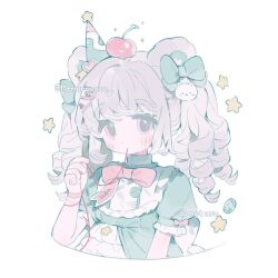 1girl animal_ears bear_ears blush bow bowtie cherry dress drill_hair food food-themed_hair_ornament frills fruit green_bow hair_between_eyes hair_ornament hairclip hat heart long_hair looking_at_viewer memuro mouth_hold original party_hat pink_bow pink_bowtie pink_eyes ringlets short_sleeves solo star_(symbol) string string_of_fate twintails twitter_username upper_body white_background