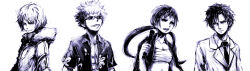 1girl 3boys accelerator_(toaru_majutsu_no_index) breasts cleavage closed_mouth collarbone collared_shirt commentary etzali flashlight floral_print fur-trimmed_hood fur-trimmed_jacket fur_trim grey_background greyscale grin group_(toaru) hair_between_eyes hand_up hawaiian_shirt highres holding holding_flashlight hood hood_down hooded_jacket jacket jacket_on_shoulders kirigaoka_girls&#039;_academy_school_uniform long_hair long_sleeves looking_at_viewer low_twintails medium_breasts monochrome multiple_boys musujime_awaki necktie open_clothes open_jacket open_mouth open_shirt same_2009 sarashi school_uniform shirt short_hair short_sleeves simple_background smile spiked_hair sternocleidomastoid_muscle sunglasses teeth toaru_majutsu_no_index toaru_majutsu_no_index:_old_testament toned toned_male tsuchimikado_motoharu twintails unabara_mitsuki upper_body upper_teeth_only v-shaped_eyebrows