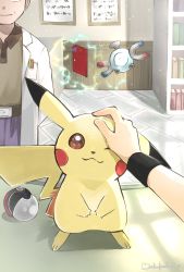 2boys belt belt_buckle bookshelf brown_eyes brown_shirt buckle collared_shirt commentary_request electricity gen_1_pokemon headpat heart highres indoors lab_coat magnemite male_focus mocha_fushigi multiple_boys nintendo one_eye_closed pants petting pikachu poke_ball poke_ball_(basic) pokedex pokemon pokemon_lgpe purple_pants samuel_oak shirt signature table wristband