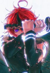 1boy ahoge black_hair blue_eyes highres holding holding_sword holding_weapon long_sleeves male_focus multicolored_eyes multicolored_hair red_eyes red_hair simple_background solo sumino_takumi sword the_hundred_line_-last_defense_academy- weapon white_background
