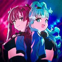 Rule 34 | 2girls, absurdres, black shirt, black shorts, black skirt, blue eyes, blue hair, blue jacket, blush, breasts, colored tips, commentary, cropped jacket, cropped shirt, curly hair, hasu, heterochromia, highres, hololive, hololive indonesia, houshou marine, iii (hololive), jacket, kobo kanaeru, large breasts, long hair, looking at viewer, medium breasts, multicolored hair, multiple girls, open clothes, open jacket, open mouth, red eyes, red hair, red jacket, shirt, shorts, skirt, smile, symbol-only commentary, symmetry, twintails, upper body, virtual youtuber, white hair, white jacket, yellow eyes