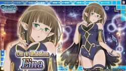 1girl bare_shoulders black_leotard blunt_bangs blush breasts brown_hair clothes_grab collar covered_navel danmachi_memoria_freese detached_sleeves dungeon_ni_deai_wo_motomeru_no_wa_machigatteiru_darou_ka earrings eina_tulle elf embarrassed glasses gold_trim green_eyes hand_on_own_chest jewelry large_breasts leotard multicolored_leotard official_art pointy_ears purple_collar purple_leotard see-through_clothes see-through_sleeves short_hair solo thighs third-party_source two-tone_leotard water wet wristband