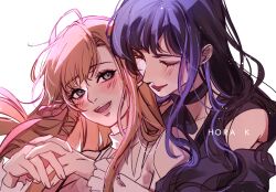 2girls :d absurdres artist_name ascot bare_shoulders black_ascot black_hair blush closed_eyes commentary couple english_commentary final_fantasy final_fantasy_xiv floating_hair front-to-back gaia_(ff14) grey_eyes hair_ribbon highres hora_k looking_at_another multiple_girls open_mouth orange_hair own_hands_together pink_ribbon portrait red_lips ribbon ryne_waters simple_background smile white_background yuri
