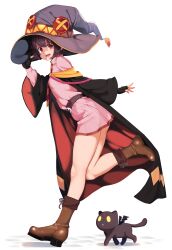 1girl absurdres ass_peek belt black_cloak black_gloves black_hair boots brown_boots cat chomusuke cloak collared_shirt diagonal-striped_clothes diagonal-striped_necktie fingerless_gloves full_body gloves hand_up hat highres kono_subarashii_sekai_ni_bakuen_wo! kono_subarashii_sekai_ni_shukufuku_wo! long_sleeves looking_at_viewer megumin miniskirt necktie open_mouth orange_necktie pink_shirt pink_skirt pleated_skirt red_cloak red_eyes red_necktie red_prison_magic_school_uniform running school_uniform shirt short_hair simple_background skirt smile solo striped_clothes thighs two-sided_cloak two-sided_fabric two-tone_cloak two-tone_necktie white_background witch_hat yoomix