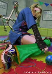 1girl black_eyes blonde_hair commission cyborg expressionless extra_arms full_body green_hair highres indoors joints kanikumi_toi long_hair long_sleeves looking_at_viewer mechanical_arms multicolored_hair original robot_joints shirt shoes short_shorts shorts sitting sneakers solo twintails two-tone_hair