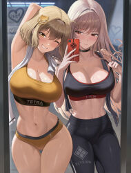 Rule 34 | 2girls, anis (nikke), armpits, black leggings, blush, breasts, brown hair, choker, cleavage, closed mouth, collarbone, cowboy shot, embarrassed, goddess of victory: nikke, grin, hair ornament, highres, indoors, large breasts, leggings, long hair, looking at viewer, mirror, mirror selfie, multiple girls, navel, one eye closed, pink hair, rapi (nikke), red eyes, selfie, short hair, short shorts, shorts, silvertsuki, smile, sports bra, sportswear, standing, sweat, towel, towel around neck, wink