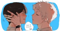 Rule 34 | 2boys, black hair, blue background, blush, border, collared shirt, dated, from side, hand on another&#039;s head, hashtag-only commentary, highres, hikaru ga shinda natsu, hyoung 015, imminent kiss, indou hikaru, korean text, looking at another, male focus, mole, mole under eye, multiple boys, outside border, shirt, short hair, simple background, speech bubble, sweat, teeth, translation request, tsujinaka yoshiki, upper teeth only, watch, white border, white hair, white shirt, wristwatch, yaoi