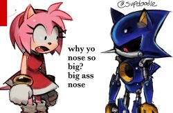 ._. 1boy 1girl 9474s0ul amy_rose artist_name black_eyes clenched_hands commentary english_commentary english_text furry furry_female gloves humanoid_robot metal_sonic no_mouth red_eyes robot simple_background sonic_(series) white_background white_gloves