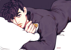 1boy artist_name baie_moeg black_hair brooch commentary diamond_wa_kudakenai english_commentary gakuran heart heart_brooch higashikata_josuke highres jewelry jojo_no_kimyou_na_bouken lying on_stomach pillow pompadour school_uniform solo