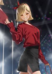 1girl absurdres bag black_skirt blonde_hair blurry blurry_background bow_hairband breasts choker commentary_request earrings floating_earring grin hairband handbag hara_kenshi highres holding holding_bag jewelry long_sleeves looking_at_viewer medium_breasts nail_polish orange_eyes original parted_bangs red_hairband red_shirt shirt shirt_tucked_in short_hair side_slit skirt sleeves_past_wrists smile solo v-neck waving