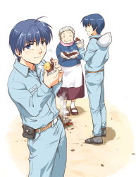 Rule 34 | 00s, 1girl, 2boys, blue eyes, blue hair, clannad, eating, food, helmet, highres, jumpsuit, misaki juri, multiple boys, okazaki tomoya, old, old woman, roasted sweet potato, steam, sweet potato, roasted sweet potato, yoshino yuusuke