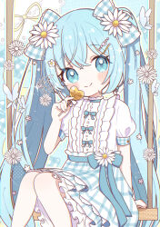 1girl aobahosino blue_background blue_bow blue_eyes blue_hair blue_skirt blush_stickers bow bug butterfly candy center_frills closed_mouth commentary feet_out_of_frame flower food frilled_skirt frills hair_bow hair_flower hair_ornament hairclip hatsune_miku heart heart-shaped_food heart-shaped_lollipop holding holding_candy holding_food holding_lollipop insect lollipop long_hair looking_at_viewer on_swing plaid_bow plaid_clothes plaid_skirt shaped_lollipop shirt short_sleeves sitting skirt smile solo swing twintails vocaloid white_shirt