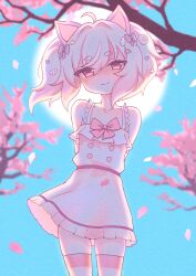 Rule 34 | akane iwawwa, animal ears, cherry blossoms, hair ornament, hairpin, highres, non-web source, original, pig ears, pig girl, pink eyes, pink hair, skirt, socks, twintails, virtual youtuber