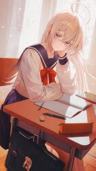 1girl ahoge arm_on_table blue_sailor_collar blue_skirt briefcase closed_mouth commentary_request crossed_bangs curtains day desk elbow_rest eraser falling_petals feet_out_of_frame film_grain floating_hair gy1966 hair_between_eyes hand_on_own_cheek hand_on_own_face head_rest highres indoors light_blush long_hair long_sleeves looking_at_viewer mechanical_pencil neckerchief notebook on_chair original pencil pencil_case petals pink_eyes pleated_skirt red_neckerchief sailor_collar school_briefcase school_desk school_uniform shirt shirt_tucked_in sitting skirt smile solo thick_eyelashes very_long_hair white_hair white_shirt