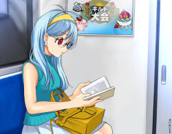 Rule 34 | 1girl, absurdres, alternate costume, alternate universe, aqua sweater, bag, beard, bespectacled, black-framed eyewear, blue hair, book, character request, commentary request, dragon quest, dragon quest iii, dragon quest walk, earrings, facial hair, glasses, hairband, handbag, highres, holding, holding book, in-franchise crossover, jewelry, long hair, momoiito, monan, neckerchief, office lady, open book, pink sanguini, reading, red eyes, red neckerchief, sage (dq3), semi-rimless eyewear, sitting, skirt, sleeveless, sleeveless sweater, sleeveless turtleneck, sleeveless turtleneck sweater, slime (dragon quest), solo, sphere earrings, sweater, train, train interior, translation request, turtleneck, white facial hair, white skirt, yellow hairband