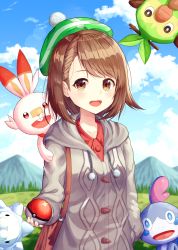 1girl absurdres alternate_color bag blush brown_eyes brown_hair cardigan collarbone commentary_request day dress gen_8_pokemon gloria_(pokemon) green_headwear grey_cardigan grookey happycloud hat highres holding holding_poke_ball long_sleeves looking_at_viewer nintendo open_mouth outdoors poke_ball poke_ball_(basic) pokemon pokemon_(creature) pokemon_swsh red_dress shiny_pokemon short_hair smile snom sobble starter_pokemon_trio tam_o&#039;_shanter